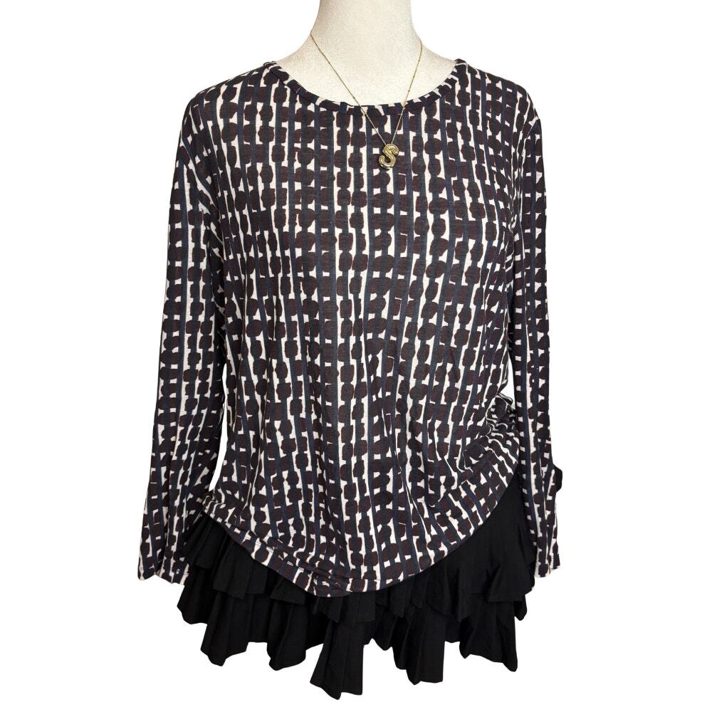 COS Cotton Long Sleeve Top Black White Geometric Print Crew Neck Size M